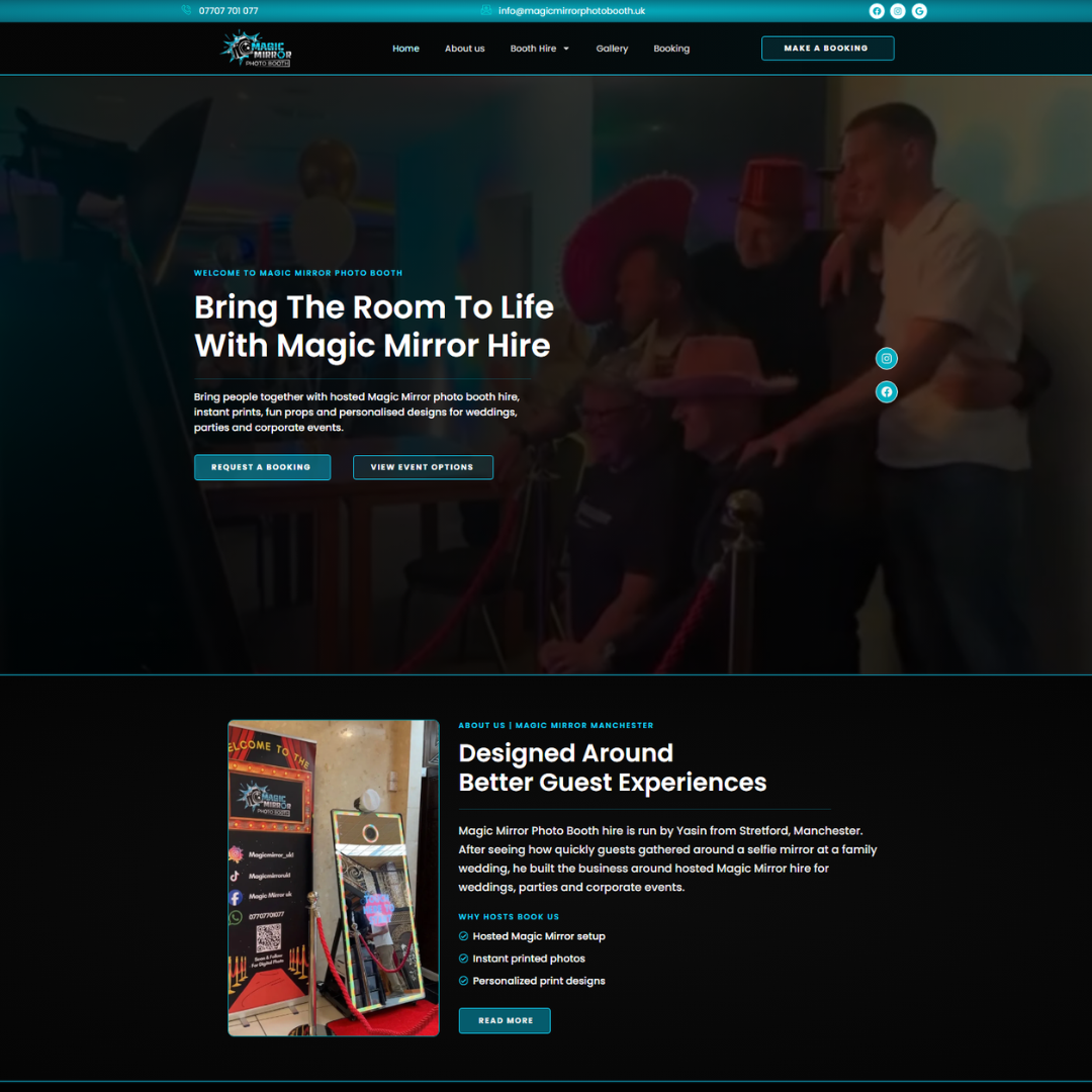 Manchester Magic Mirror photo booth homepage design