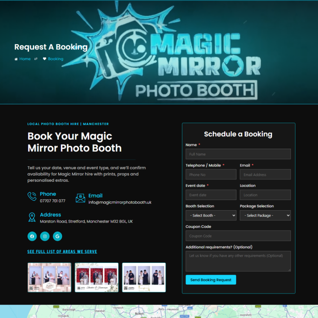 Manchester photo booth booking page with enquiry form