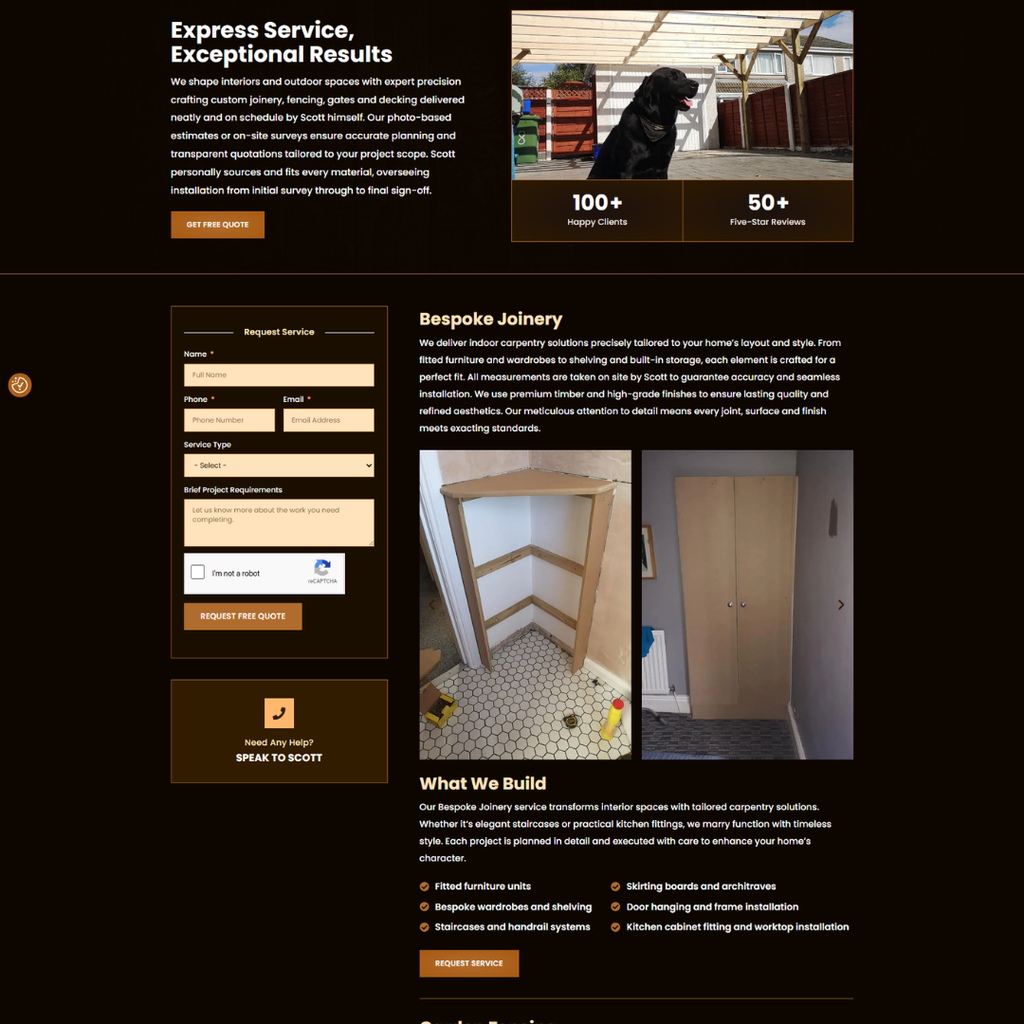 Cumbria carpentry service page with enquiry form and bespoke joinery section