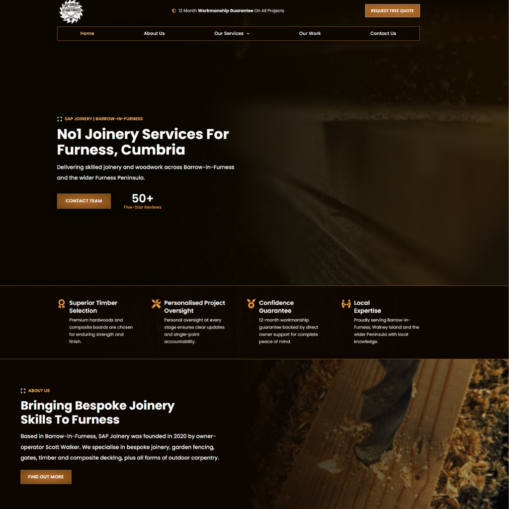 Cumbria joinery website homepage design with service highlights and reviews