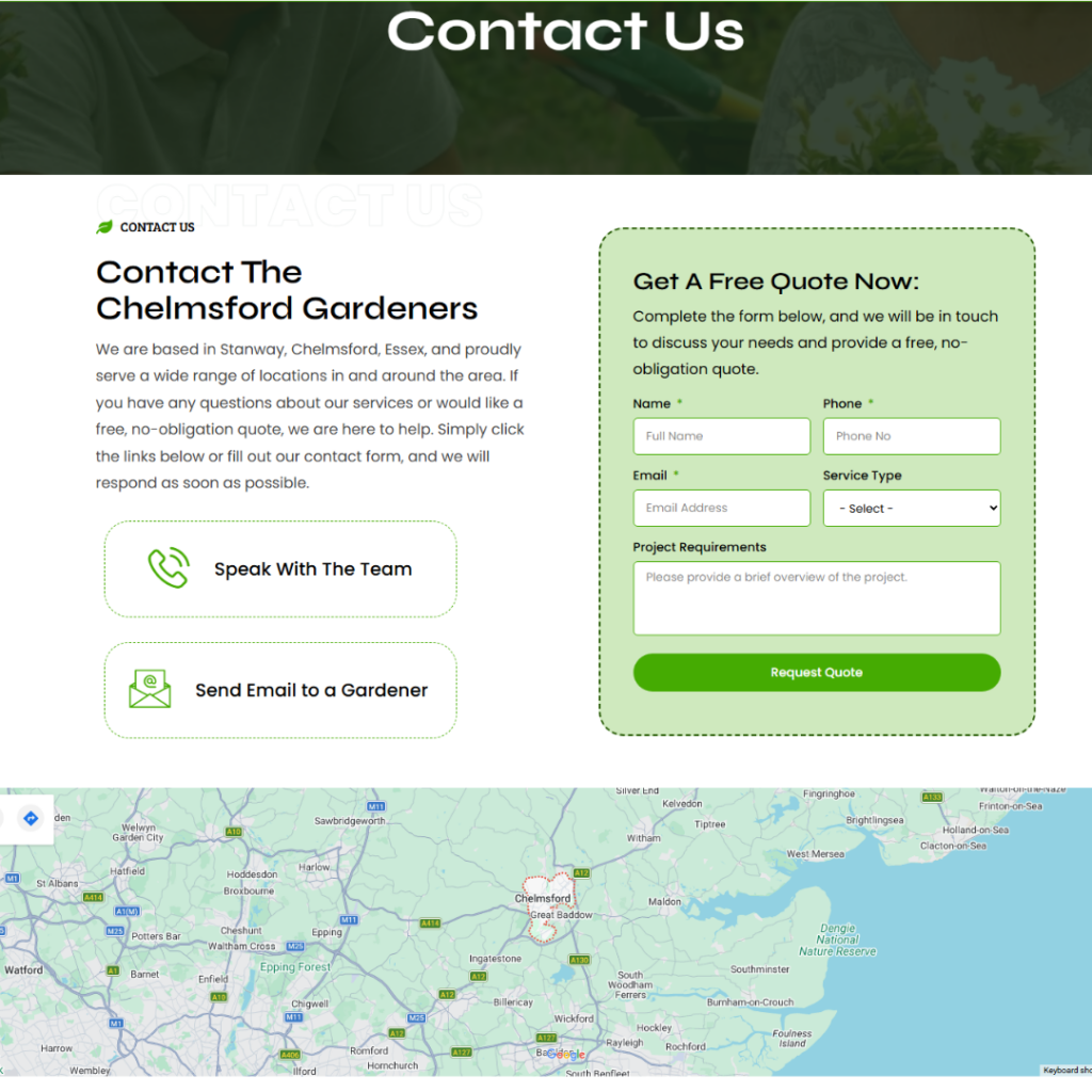 Chelmsford Gardeners contact form and service area map