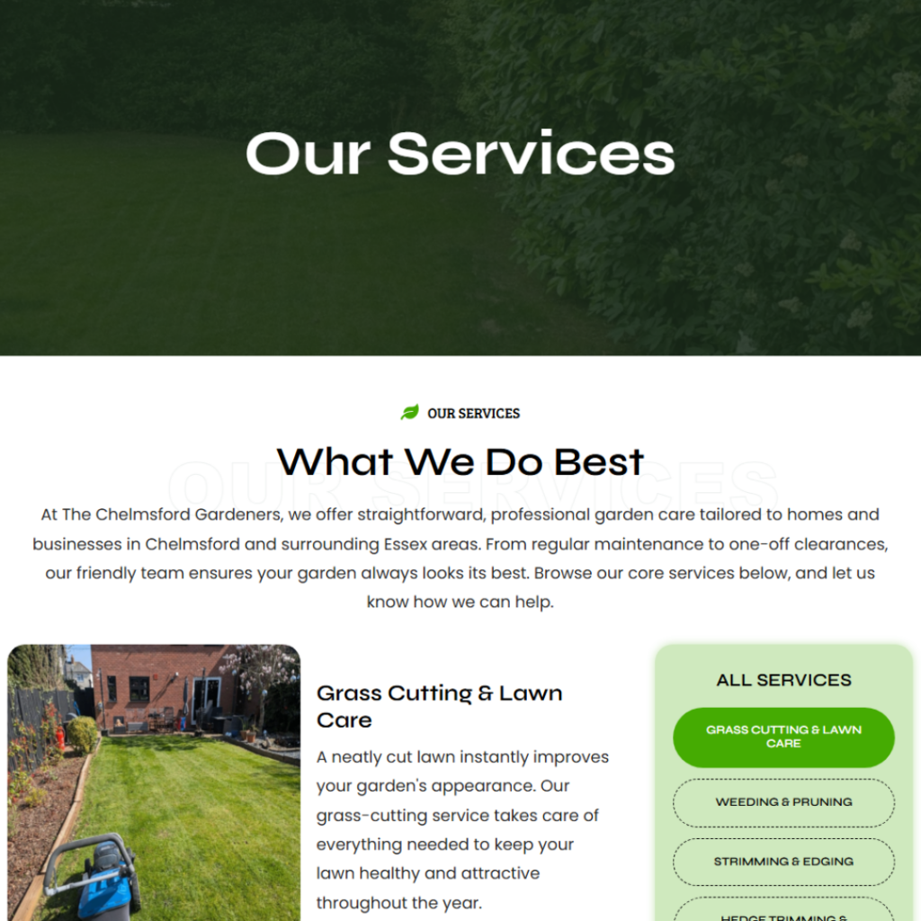 Chelmsford Gardeners services page showing grass cutting and lawn care