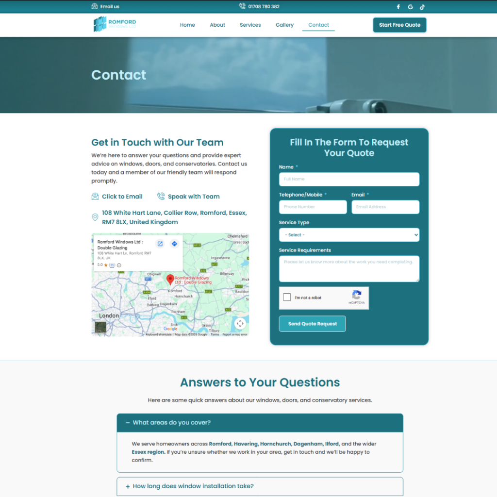 Romford Windows contact page with quote request form and service area map