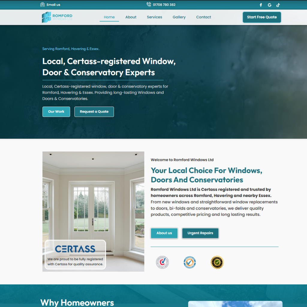 Romford Windows homepage design showing window, door and conservatory services