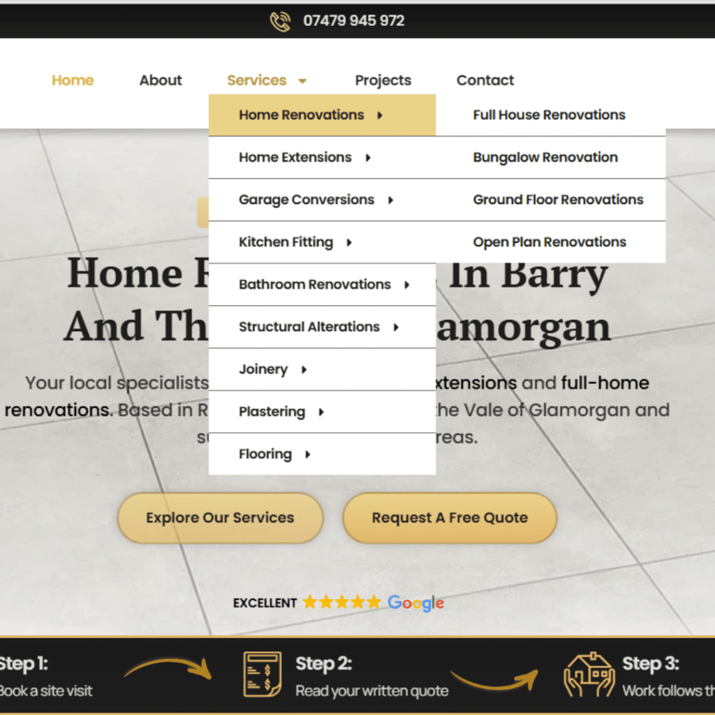 Cooksey Renovation website showing structured service pages for home renovations and extensions in Barry