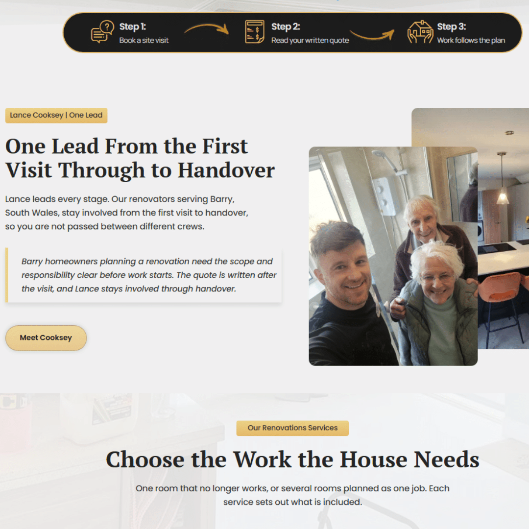 Cooksey Renovation website showing renovation process, customer trust signals and services in Barry