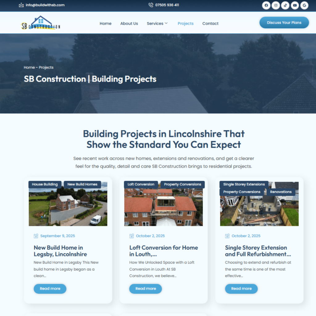 SB Constructions building projects page showing Lincolnshire construction case studies
