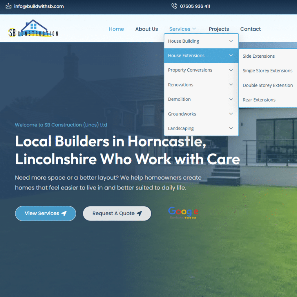 SB Constructions website service menu showing building and extension pages
